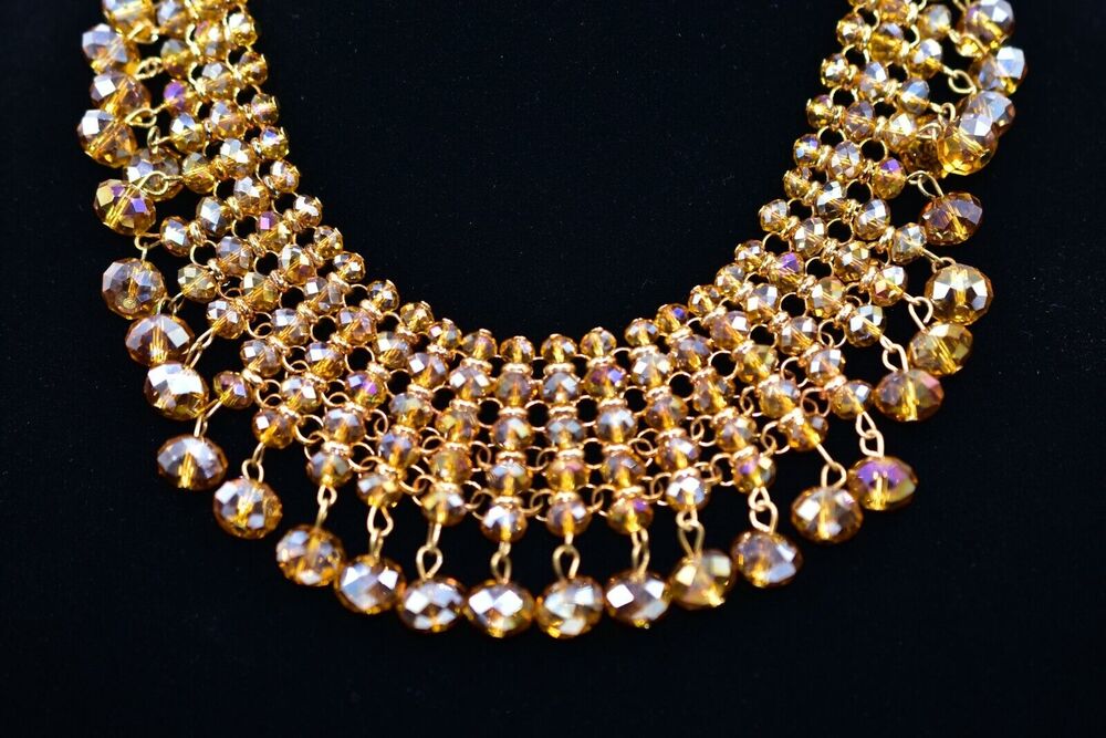 Vintage Crystal Collar Bib Necklace Layered Citrine Aurora Borealis 90s Bin3